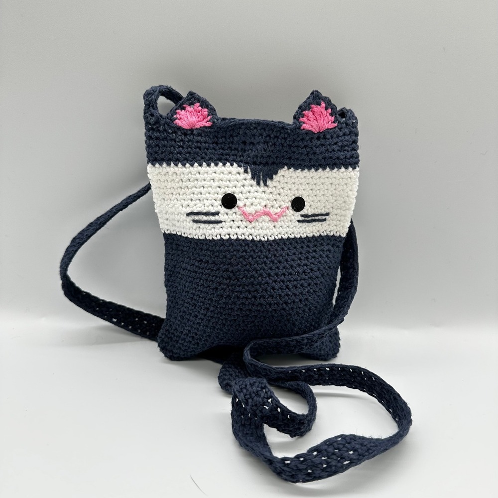 Handmade Crochet Cat Crossbody Bag Navy Blue White Cotton Small Pouch